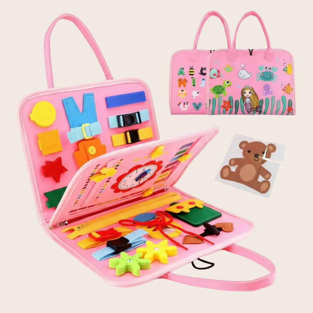 Roze Montessori activiteitenboek met interactieve leerpagina’s