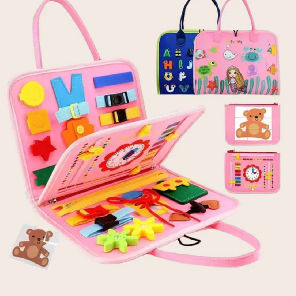 Roze en blauw educatief activiteitenboek voor peuters met handvatten – leren en spelen thuis en onderweg