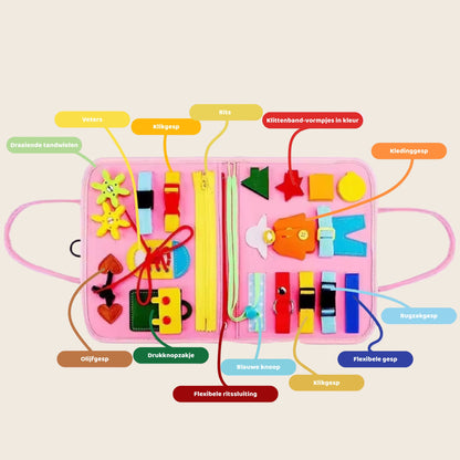 Sensorische elementen, gespen, klittenbandsluitingen van activiteitenboek voor kinderen om te oefenen