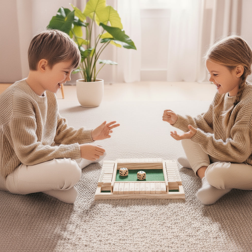 Kinderen spelen Shut the Box, houten dobbelspel – leren rekenen en strategie op een speelse manier